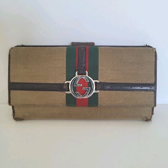 GUCCI Vintage Sherry Interlocking Logo Wallet Bifold Brown Large Retro Clutch - Picture 1 of 13
